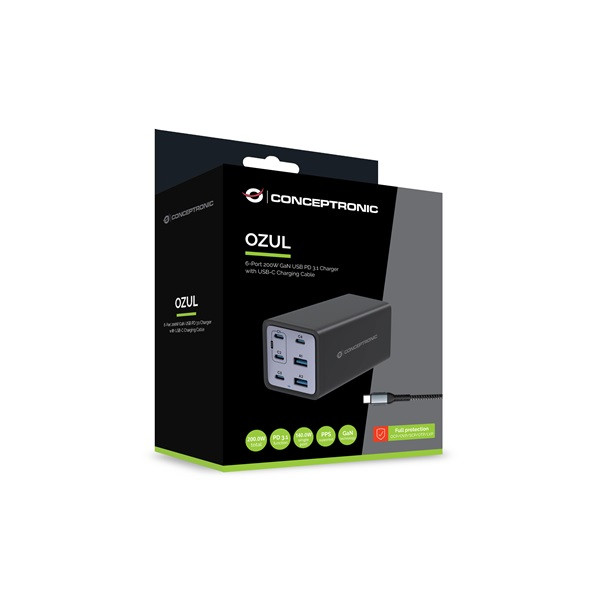 Conceptronic telefon töltő adapter - ozul06be (4x usb-c+2x usb-a, 200w, fekete)