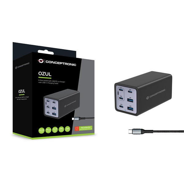 Conceptronic telefon töltő adapter - ozul06be (4x usb-c+2x usb-a, 200w, fekete)