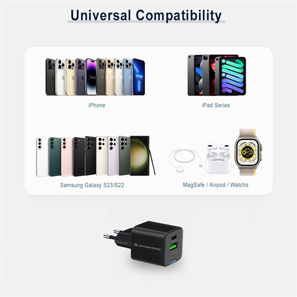 Conceptronic telefon töltő adapter+kábel - althea16b (usb-c+usb-a, 33w, 3in1 töltő kábel, fekete)