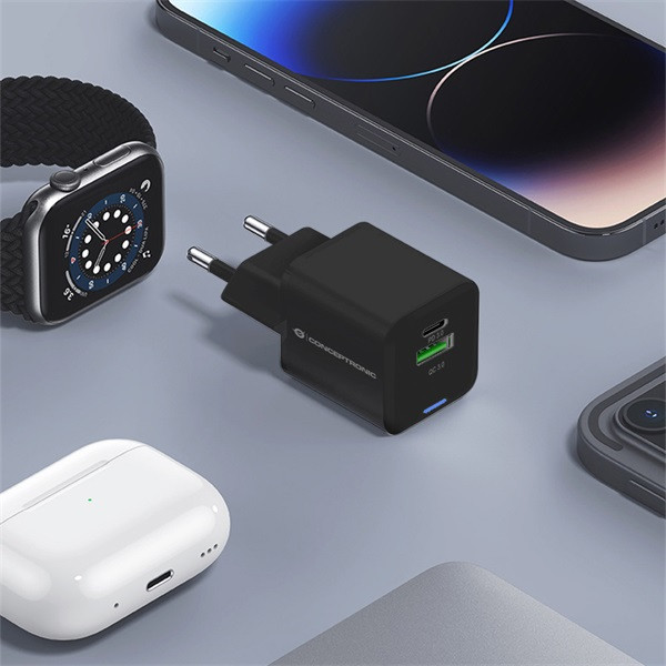 Conceptronic telefon töltő adapter+kábel - althea16b (usb-c+usb-a, 33w, 3in1 töltő kábel, fekete)