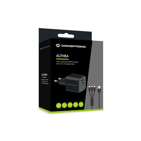 Conceptronic telefon töltő adapter+kábel - althea16b (usb-c+usb-a, 33w, 3in1 töltő kábel, fekete)