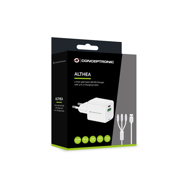 Conceptronic telefon töltő adapter+kábel - althea16w (usb-c+usb-a, 33w, 3in1 töltő kábel, fehér)