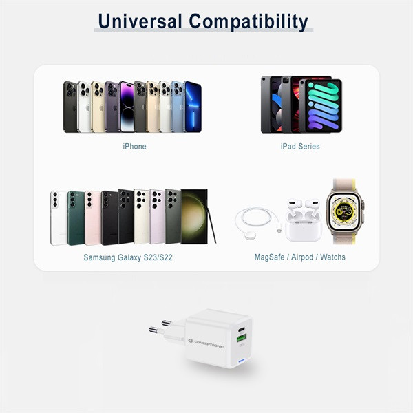 Conceptronic telefon töltő adapter+kábel - althea16w (usb-c+usb-a, 33w, 3in1 töltő kábel, fehér)