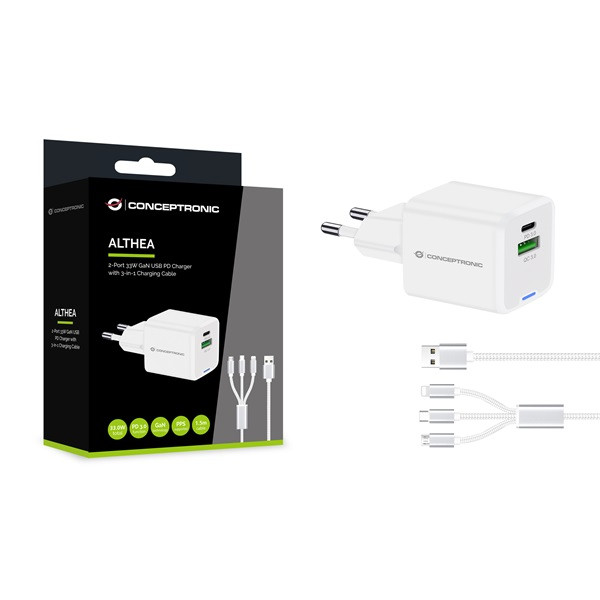 Conceptronic telefon töltő adapter+kábel - althea16w (usb-c+usb-a, 33w, 3in1 töltő kábel, fehér)