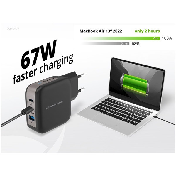Conceptronic telefon töltő adapter+kábel - althea17b (2xusb-c+usb-a, 67w, usb-c töltő kábel, fekete)