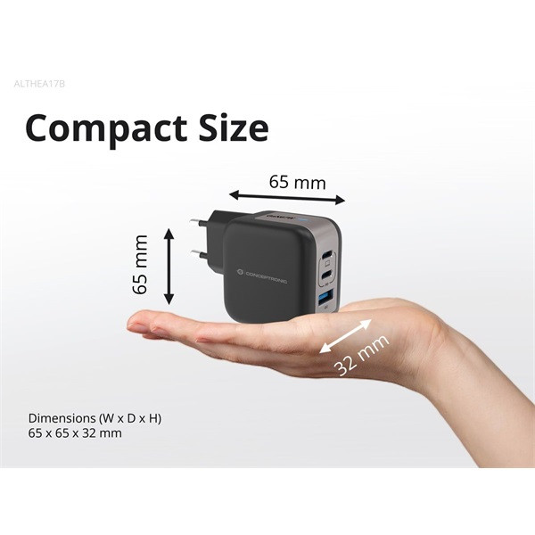 Conceptronic telefon töltő adapter+kábel - althea17b (2xusb-c+usb-a, 67w, usb-c töltő kábel, fekete)