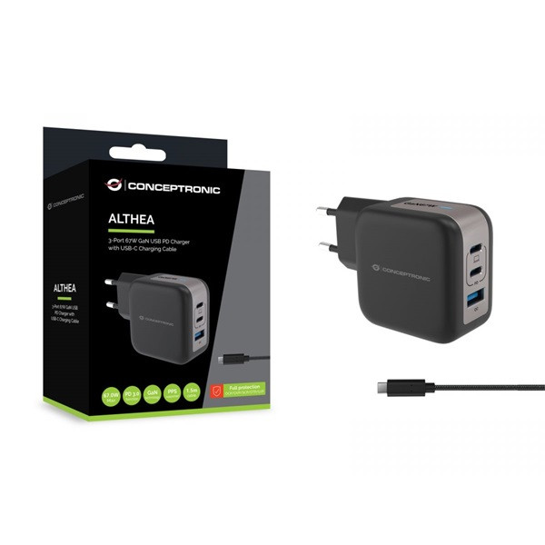 Conceptronic telefon töltő adapter+kábel - althea17b (2xusb-c+usb-a, 67w, usb-c töltő kábel, fekete)