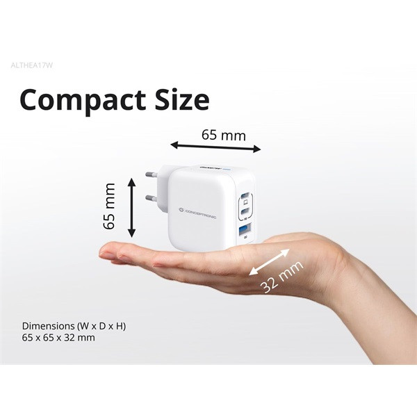 Conceptronic telefon töltő adapter+kábel - althea17w (2xusb-c+usb-a, 67w, usb-c töltő kábel, fehér)