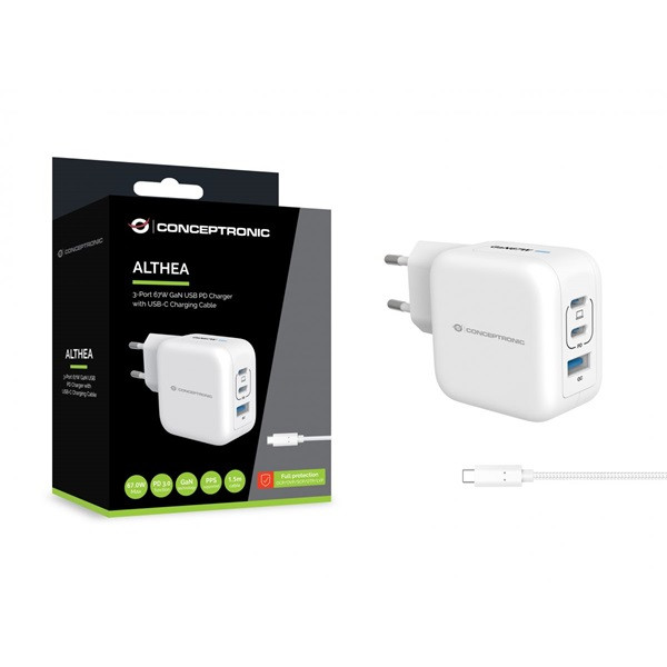 Conceptronic telefon töltő adapter+kábel - althea17w (2xusb-c+usb-a, 67w, usb-c töltő kábel, fehér)