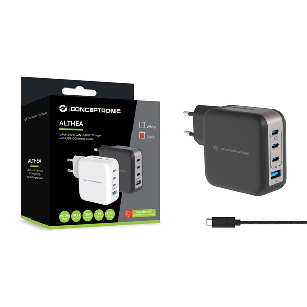 Conceptronic telefon töltő adapter+kábel - althea18b (3xusb-c+usb-a, 100w, usb-c töltő kábel, fekete)