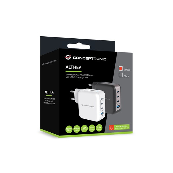 Conceptronic telefon töltő adapter+kábel - althea18w (3xusb-c+usb-a, 100w, usb-c töltő kábel, fehér)