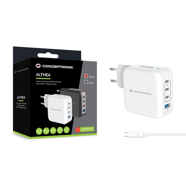 Conceptronic telefon töltő adapter+kábel - althea18w (3xusb-c+usb-a, 100w, usb-c töltő kábel, fehér)