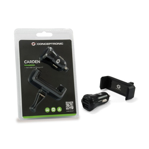 Conceptronic telefon töltő/tartó kit - cusbcar2akit (szivargyujtós töltő: 2x usb-a, telefontartó: 5,5-8,5 cm széles)