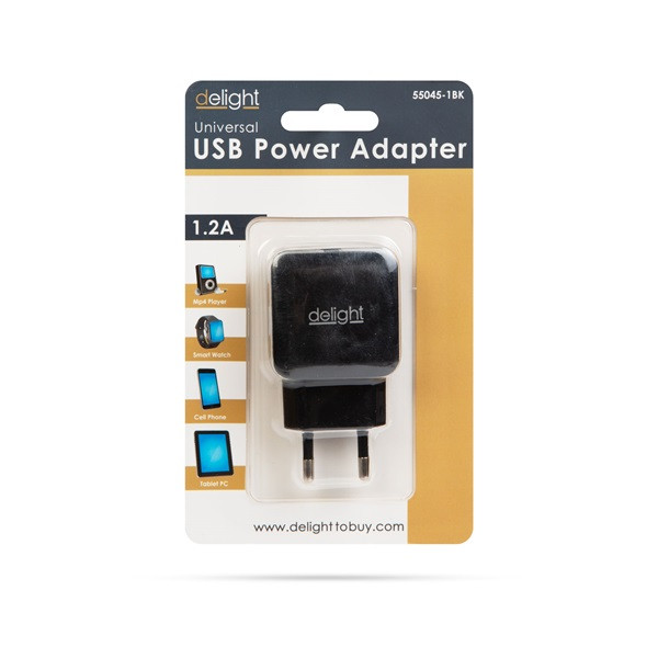Delight telefon töltő  - 1db usb, 5v/1.2a, fekete