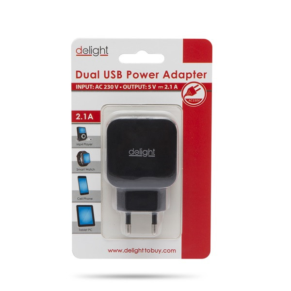Delight telefon töltő  - 2db usb, 5v/2.1a, fekete
