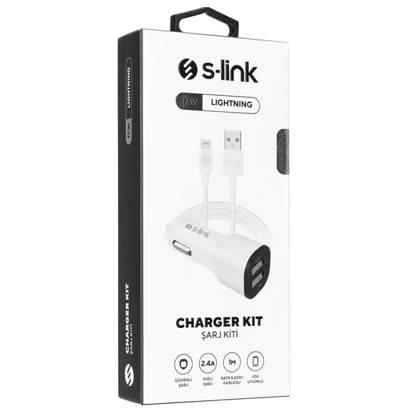 S-link autós töltő - sl-ec30l (2db usb, 5v/2.4a/3,4a, 17w, lightning, 100cm adat+töltőkábel, fehér)