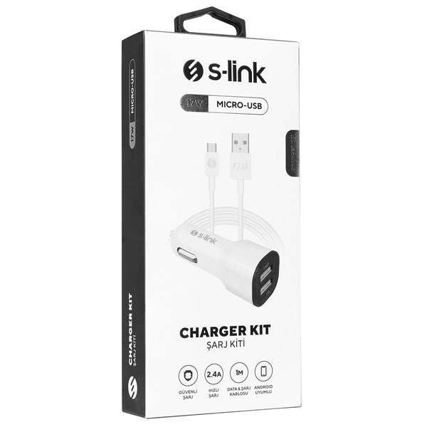 S-link autós töltő - sl-ec30m (2db usb, 5v/2.4a/3,4a, 17w, micro usb, 100cm adat+töltőkábel, fehér)