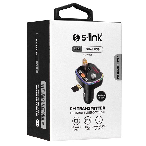 S-link fm transmitter - sl-bt306  (5v/3.1a, bluetooth, 2db usb,micro sd, rgb)