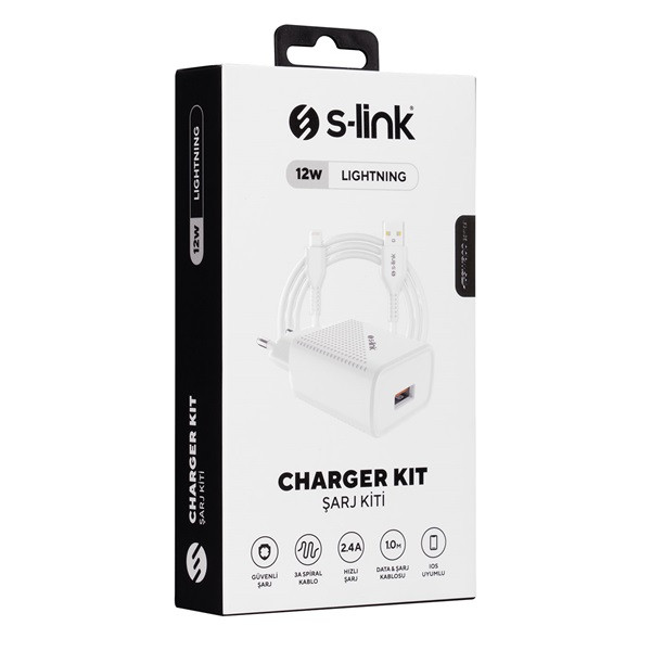 S-link hálózati töltő - sl-ec40l (1db usb, 5v/2.4a, 12w, gyorstöltés, lightning-usb 100cm adat+töltőkábel, fehér)