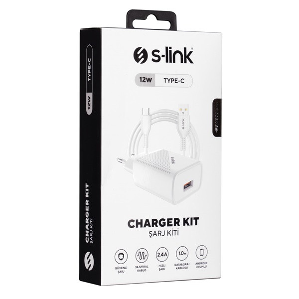 S-link hálózati töltő - sl-ec40t (1db usb, 5v/2.4a, 12w, gyorstöltés, usb type-c, 100cm adat+töltőkábel, fehér)