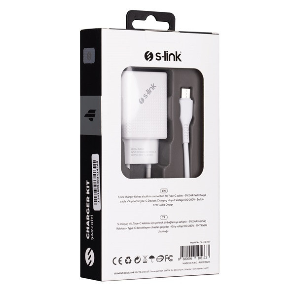 S-link hálózati töltő - sl-ec40t (1db usb, 5v/2.4a, 12w, gyorstöltés, usb type-c, 100cm adat+töltőkábel, fehér)