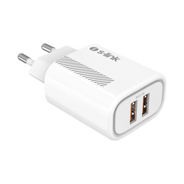 S-link hálózati töltő - sl-ec50 (2xusb, 5v/2.4a, 12w, gyorstöltés, micro-usb 100cm adat+töltőkábel, fehér)