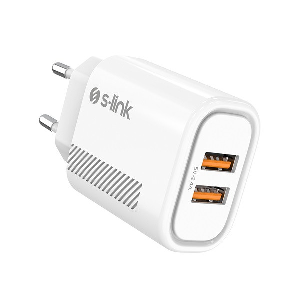 S-link hálózati töltő - sl-ec50 (2xusb, 5v/2.4a, 12w, gyorstöltés, micro-usb 100cm adat+töltőkábel, fehér)