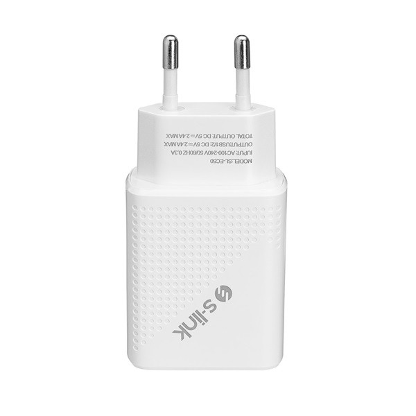 S-link hálózati töltő - sl-ec50l (2db usb, 5v/3a, 12w, gyorstöltés, lightning, 100cm adat+töltőkábel, fehér)