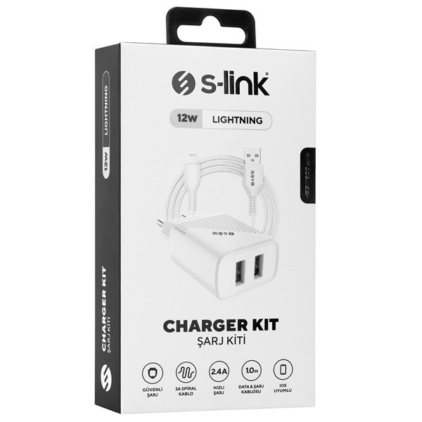 S-link hálózati töltő - sl-ec50l (2db usb, 5v/3a, 12w, gyorstöltés, lightning, 100cm adat+töltőkábel, fehér)