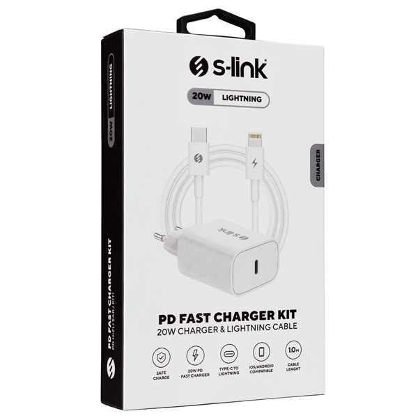S-link hálózati töltő - sl-ec62pd (20w, qc4.0 gyorstöltés,type-c to lightning, 100cm adat+töltőkábel, fehér)