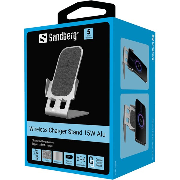 Sandberg telefon tartó/töltő - wireless charger stand 15w alu