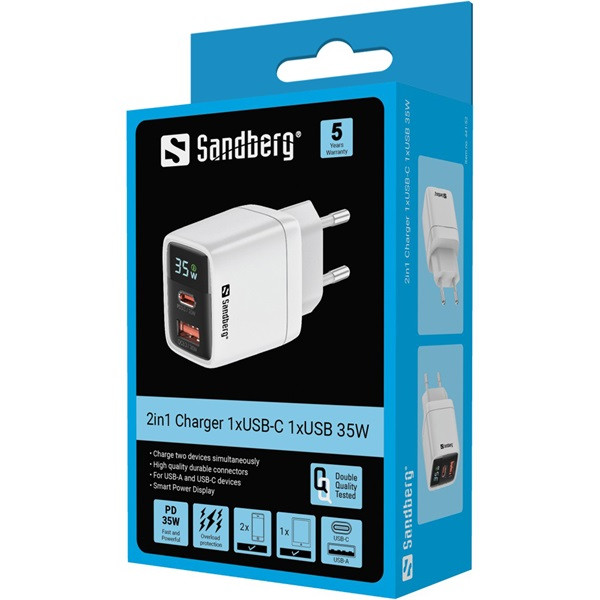 Sandberg telefon töltő - 2in1 charger 1xusb-c 1xusb 35w
