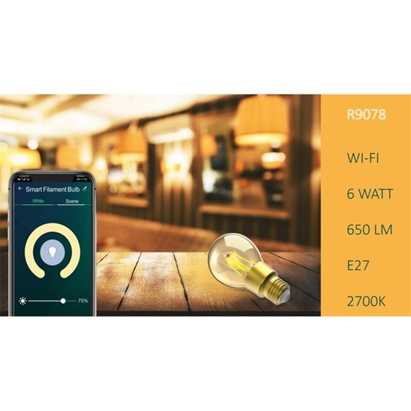 Woox smart home filament led izzó - r9078 (e27, 6w, 650 lumen, 2700k, wi-fi, távoli elérés)