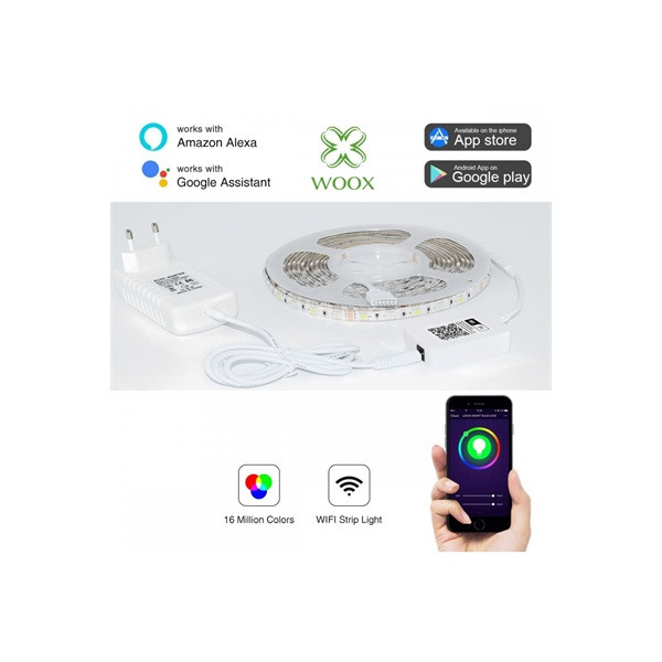 Woox smart home led szalag - r5093 (5 m, 30 led/m, adapter, színes rgb+meleg fehér, wi-fi)