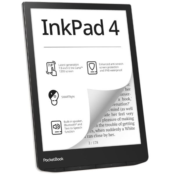Pocketbook e-reader pb743g inkpad4 ezüst (7,8" e-ink,háttérvilágítás, 2x1ghz,32gb,2000mah,wifi, bt, msd)