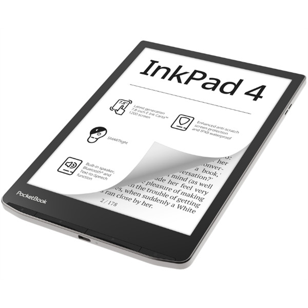Pocketbook e-reader pb743g inkpad4 ezüst (7,8" e-ink,háttérvilágítás, 2x1ghz,32gb,2000mah,wifi, bt, msd)