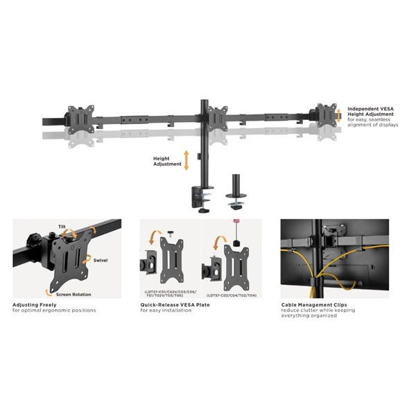 Equip monitor asztali konzol - 650158 (13"-27", 3 monitor, dönthető, forgatható, állítható magasság max.: 3x7kg, fekete)