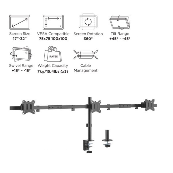 Equip monitor asztali konzol - 650158 (13"-27", 3 monitor, dönthető, forgatható, állítható magasság max.: 3x7kg, fekete)