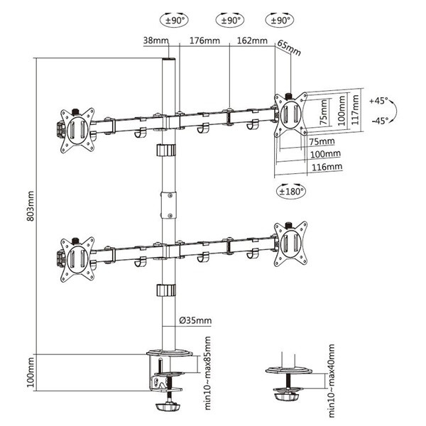 Equip monitor asztali konzol - 650159 (13"-27", 4 monitor, dönthető, forgatható, állítható magasság, max.:4x9kg, fekete)