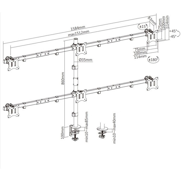 Equip monitor asztali konzol - 650160 (13"-27", 6 monitor, dönthető, forgatható, állítható magasság max.: 3x7kg, fekete)