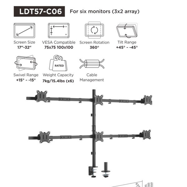Equip monitor asztali konzol - 650160 (13"-27", 6 monitor, dönthető, forgatható, állítható magasság max.: 3x7kg, fekete)