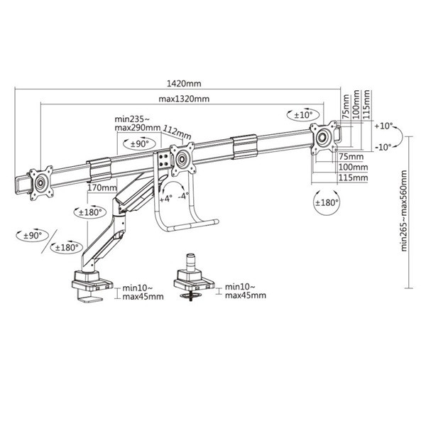 Equip monitor asztali konzol - 650162 (17"-27", 3 monitor, dönthető, forgatható, max.: 3x6kg, fekete/ezüst)