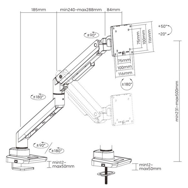 Equip monitor asztali konzol - 650180 (17"-49", 1 monitor, dönthető, forgatható, max.: 20kg, fekete)