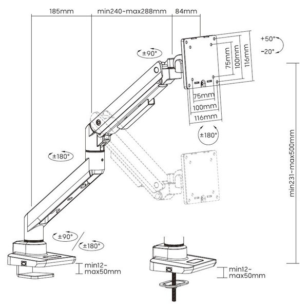 Equip monitor asztali konzol - 650181 (17"-49", 1 monitor, dönthető, forgatható, max.: 20kg, fehér)