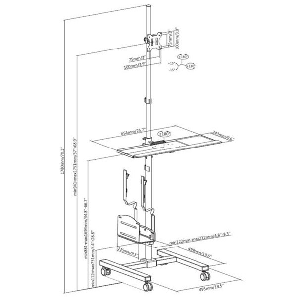 Equip munkaállomás állvány - 650171 (17"-32", 1 monitor, dönthető, forgatható, gurulós, max.: 8kg, fekete)