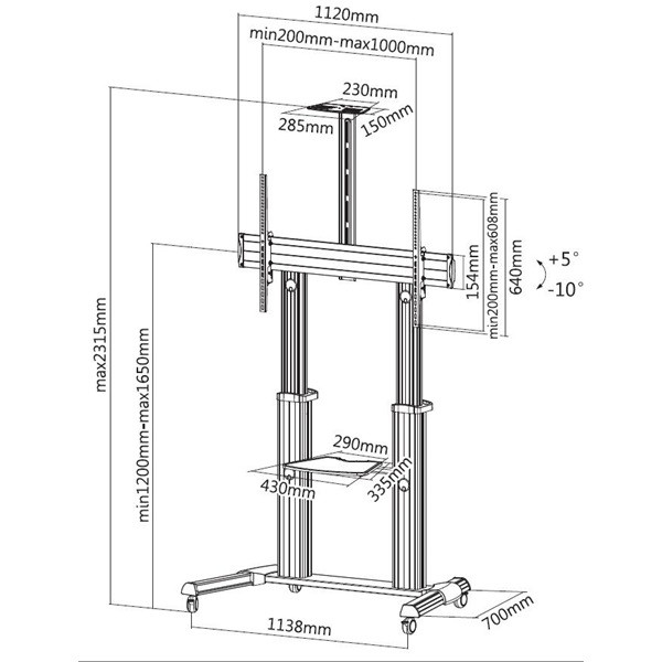 Equip tv állvány - 650605 (60"-100" álló, dönthető, állítható magasság, gurulós, max.:100kg, fekete/ezüst)