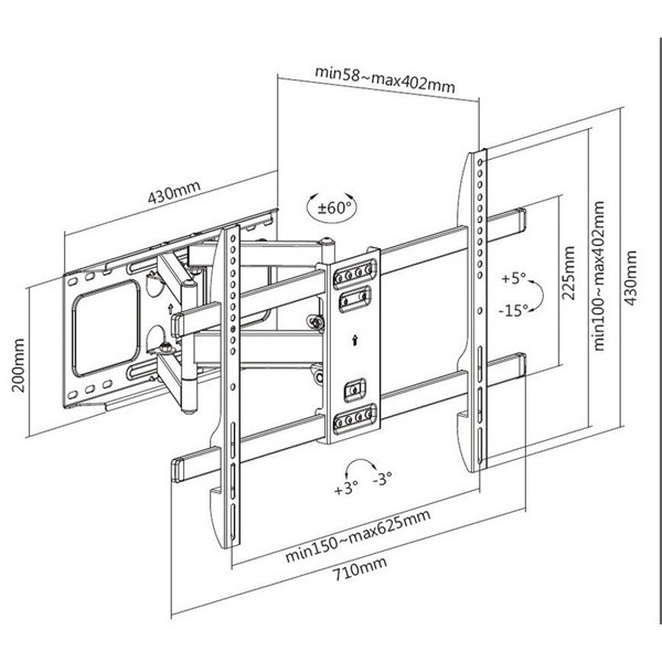 Equip tv fali konzol - 650335 (37"-80", max.: 60kg, dönthető, forgatható, fekete)