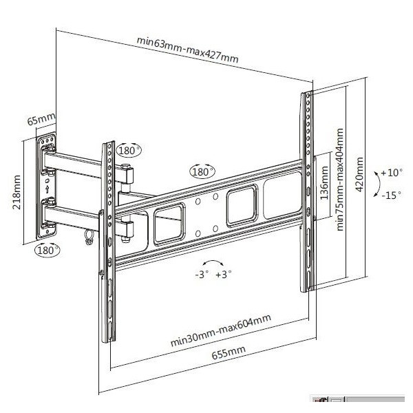 Equip tv fali konzol - 650342 (37"-70", max.: 35kg, dönthető, forgatható, fekete)