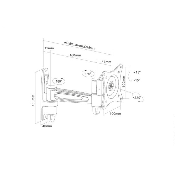 Manhattan tv állvány - fali, csuklós tv állvány (egy karos) fekete (max.VESA:100x100)(13"-27"-ig)