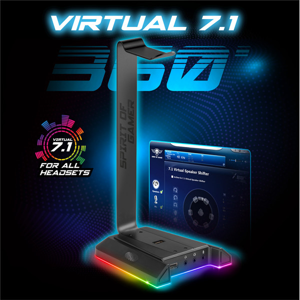 Spirit of gamer fejhallgató állvány - sentinel 7.1 (3,5mm jack + 2xusb2.0, kábelvezetés, 7.1 hangkártya, 1,8m kábel)